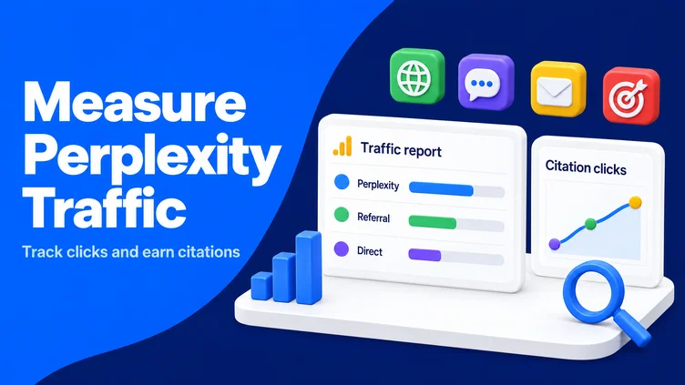 Blue analytics dashboard illustration showing Perplexity referral traffic, citation clicks, and a magnifier.