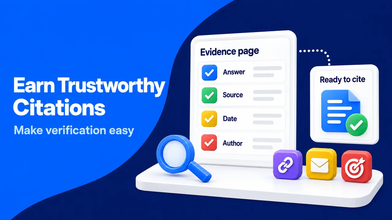 Evidence checklist illustration showing answer, source, date, and author details beside a citation readiness card.