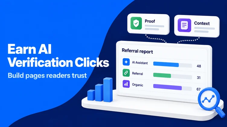 Dashboard illustration showing referral sources, proof cards, and a magnifier for high-intent visitor analysis.