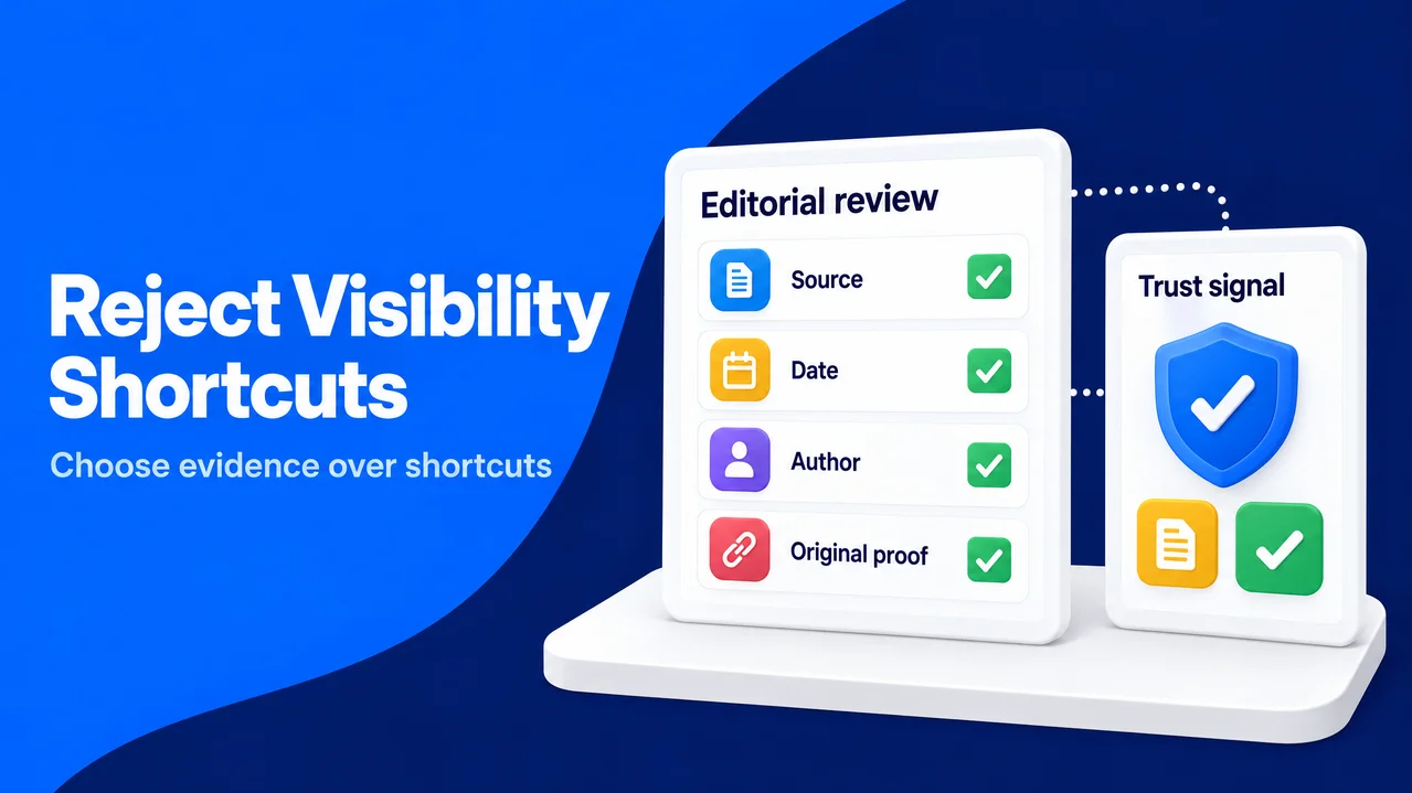 An editorial review checklist highlights sources, dates, authors, and original proof beside a trust shield.