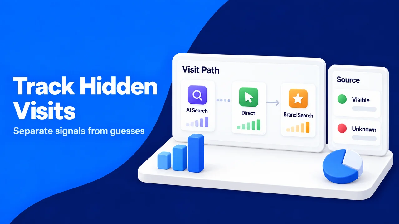 A visit path dashboard separates visible referral signals from unknown direct and brand search visits.