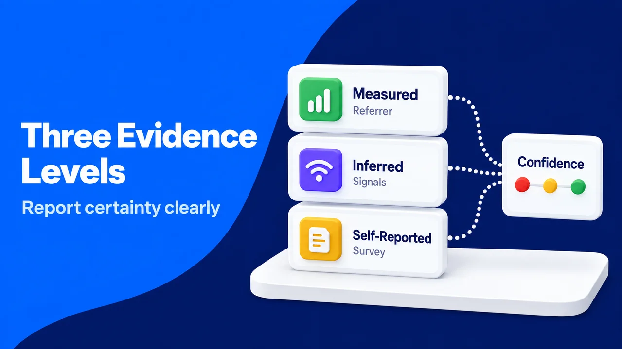 Three stacked evidence cards compare measured referrals, inferred signals, and self-reported survey responses.