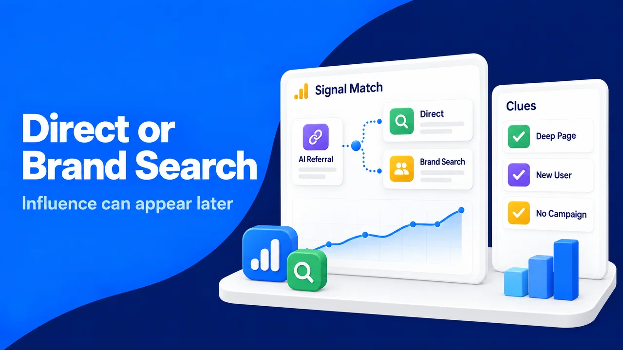 A signal dashboard connects AI referrals with direct visits, branded search, and supporting audience clues.