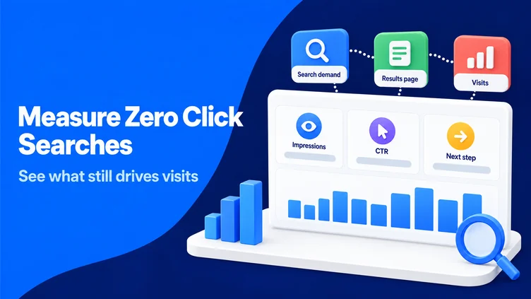 A blue analytics dashboard connects search demand, result pages, and visits beside a zero click measurement headline.
