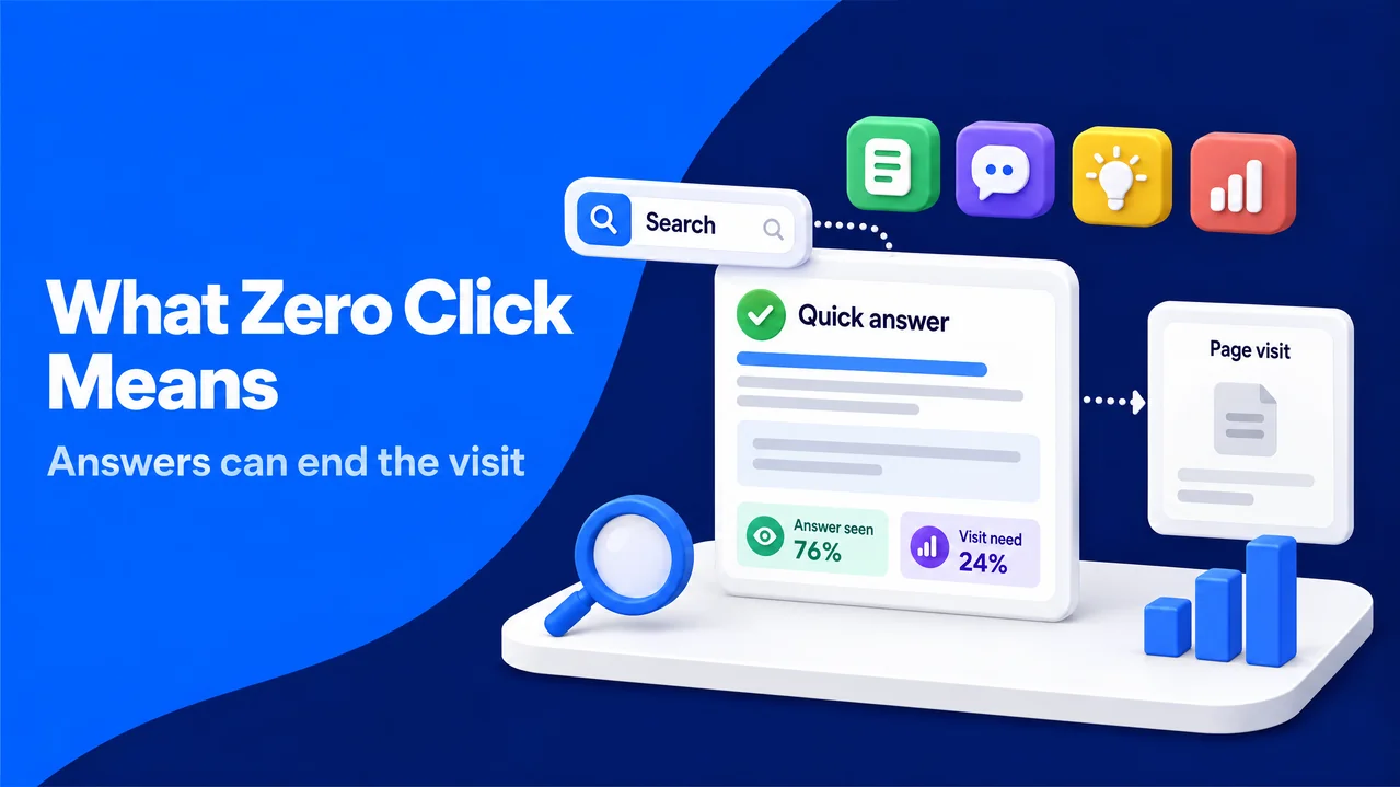 A search result answer card connects to a page visit card, showing why some searches end early.