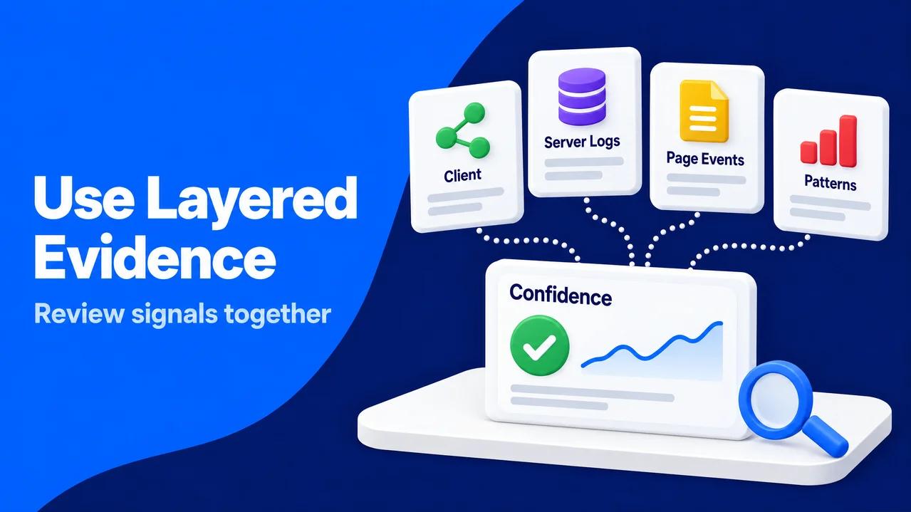 Layered analytics cards combine client, server logs, page events, and patterns into a confidence view.