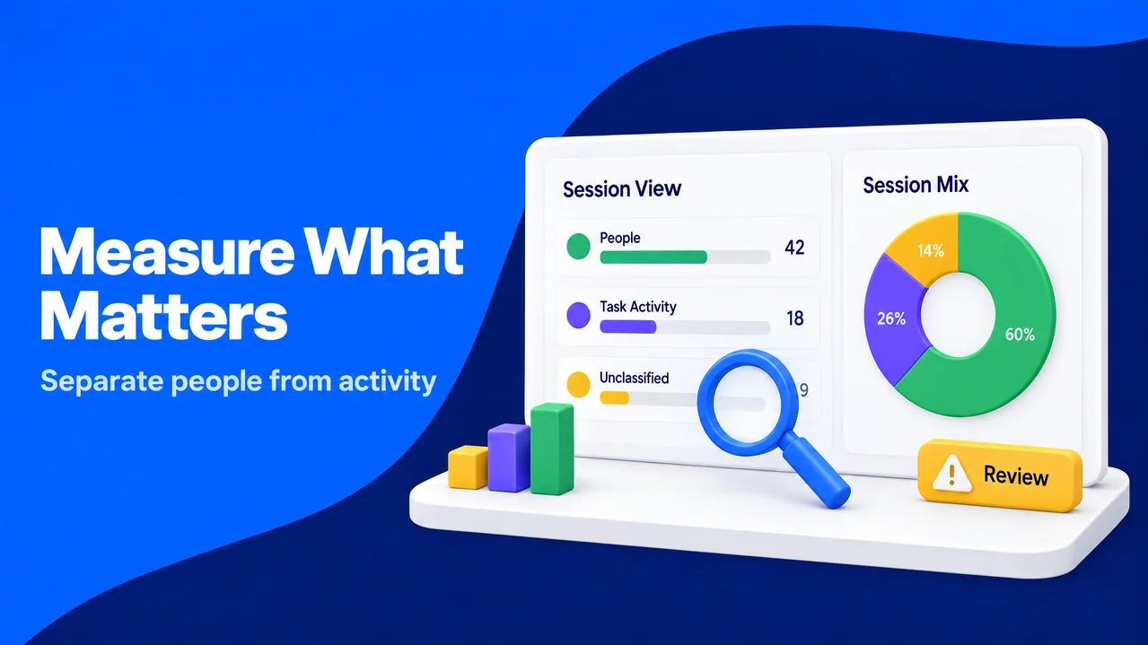 Analytics dashboard compares people, task activity, and unclassified sessions with bars, a donut chart, and review marker.