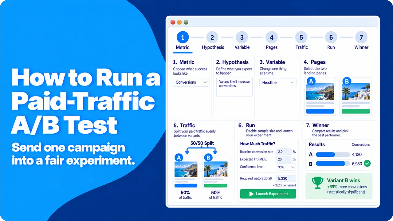 Paid-traffic A/B testing workflow showing experiment steps, sample size, a 50/50 split, and result evaluation