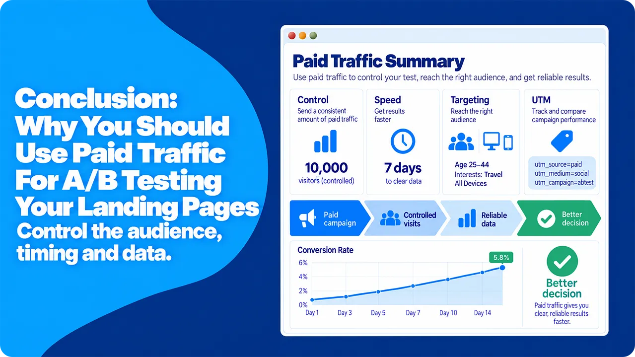 Paid traffic A/B testing summary showing campaign control, audience targeting, UTM tracking, reliable data, and conversion growth