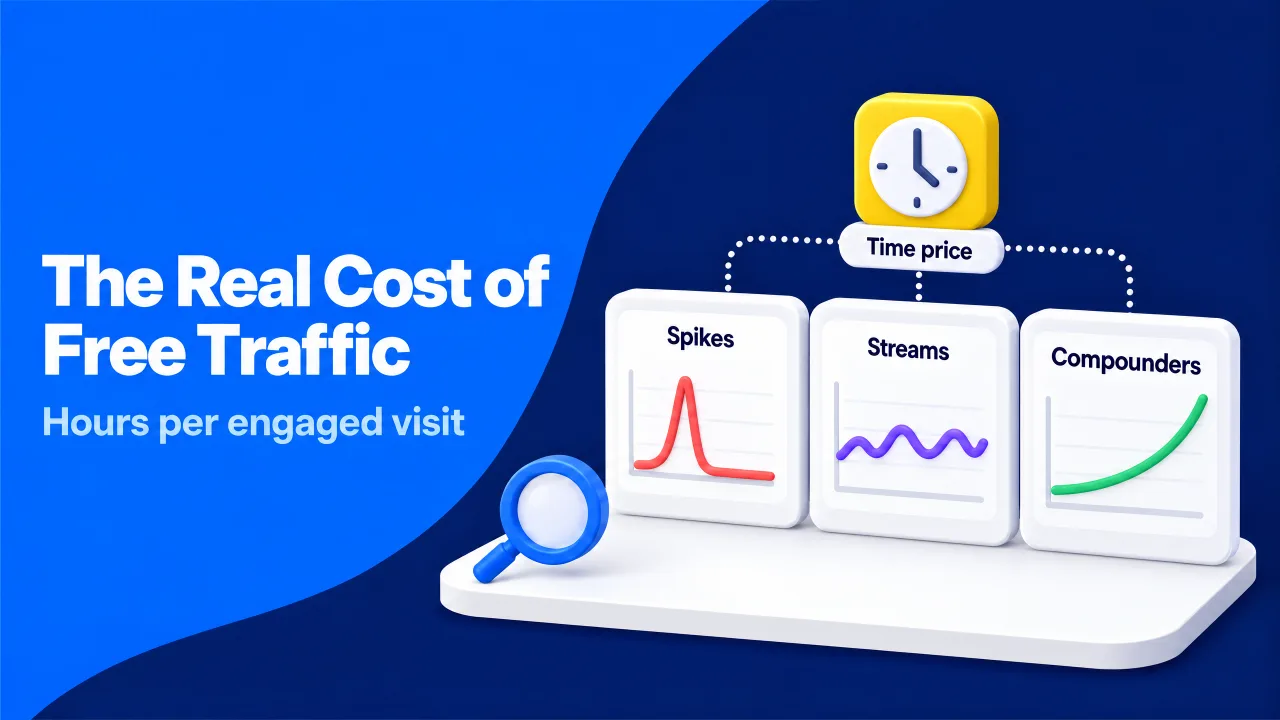 Three cards compare spike, stream, and compounder traffic patterns under a time price clock, showing the hours each free visit costs