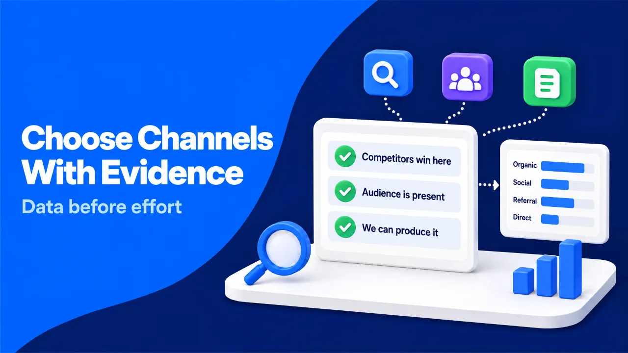 A channel scorecard checks competitor wins, audience presence, and production fit next to a traffic mix chart for organic, social, referral, and direct visits