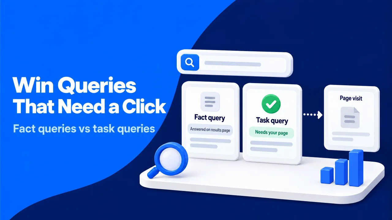 A search bar leads to a fact query answered on the results page and a task query that needs a page visit