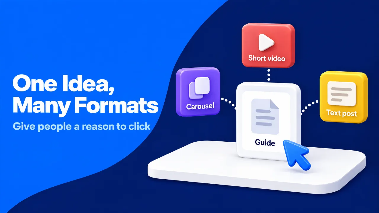 One guide branches into a short video, a carousel, and a text post, each giving people a reason to click