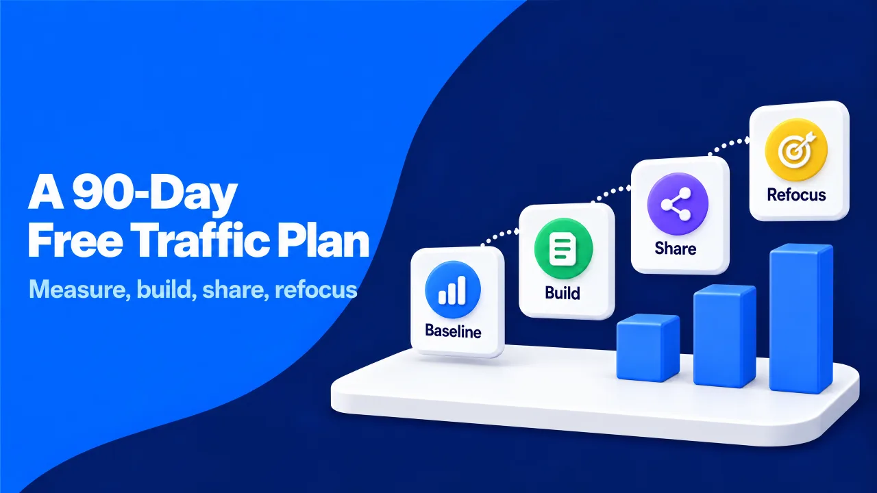 Four rising steps labeled baseline, build, share, and refocus show a 90-day plan for free website traffic