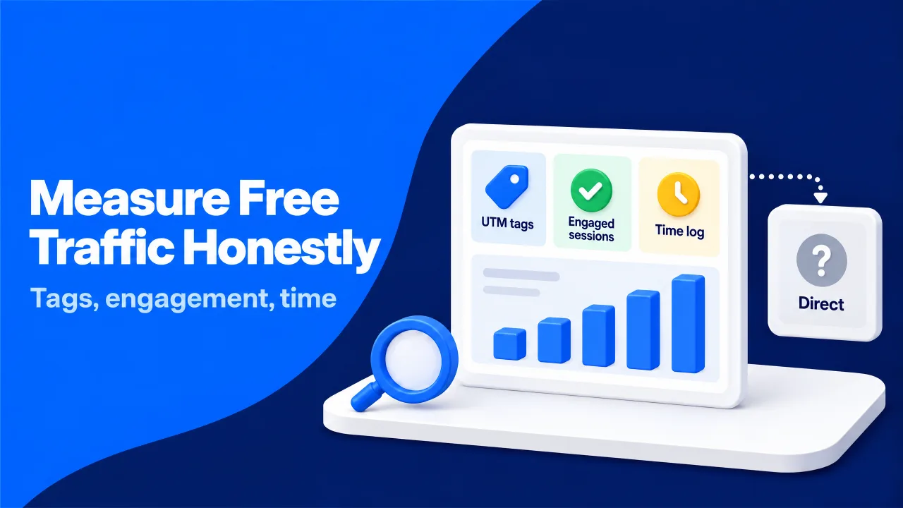 An analytics dashboard tracks UTM tags, engaged sessions, and a time log, with unattributed visits grouped as direct traffic