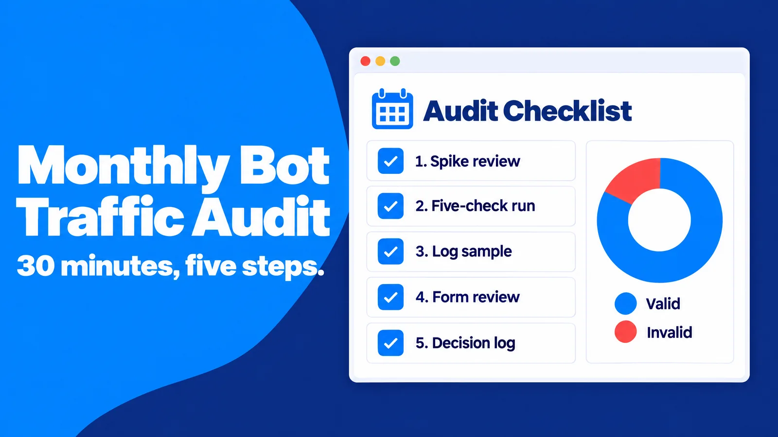 Monthly bot traffic audit checklist: spike review, five-check run, log sample, form review and decision log