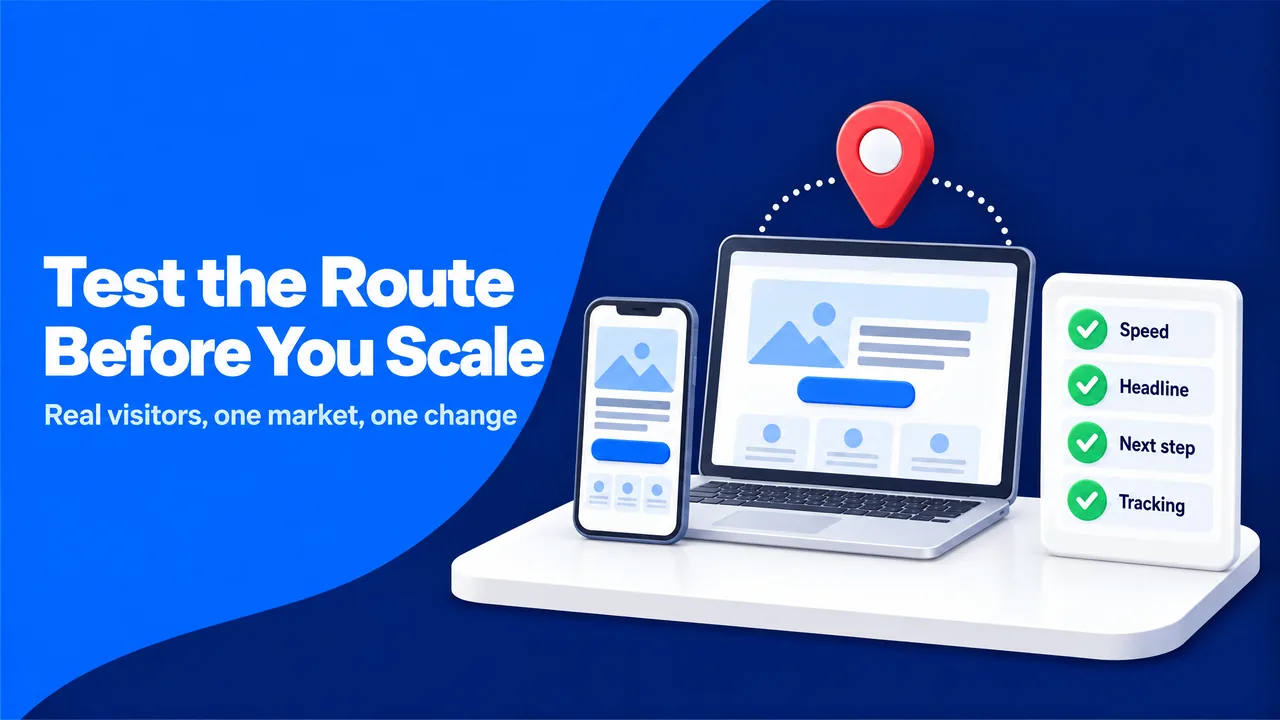 Route test checklist on a phone and laptop covering speed, headline, next step and tracking