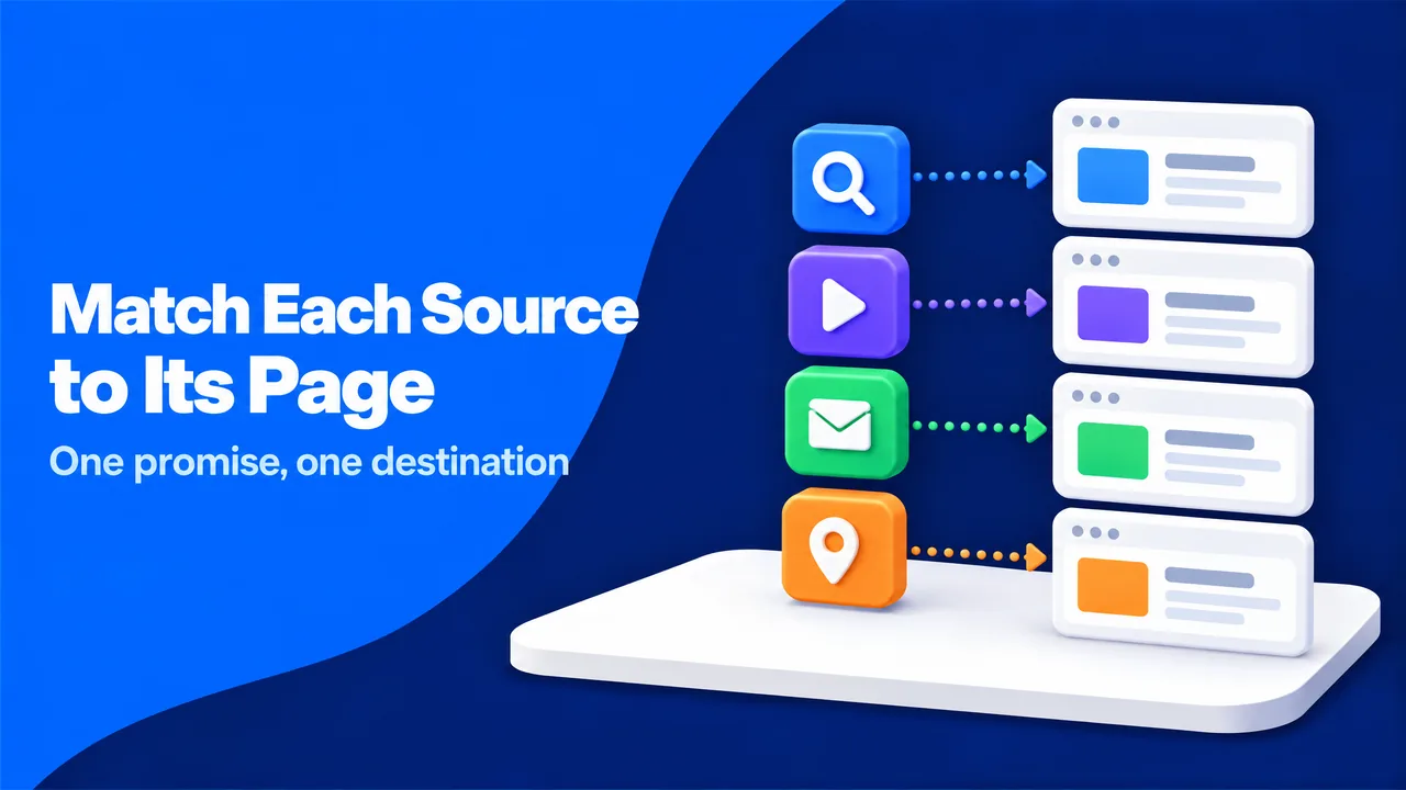 Four traffic sources, each mapped to its own matching landing page