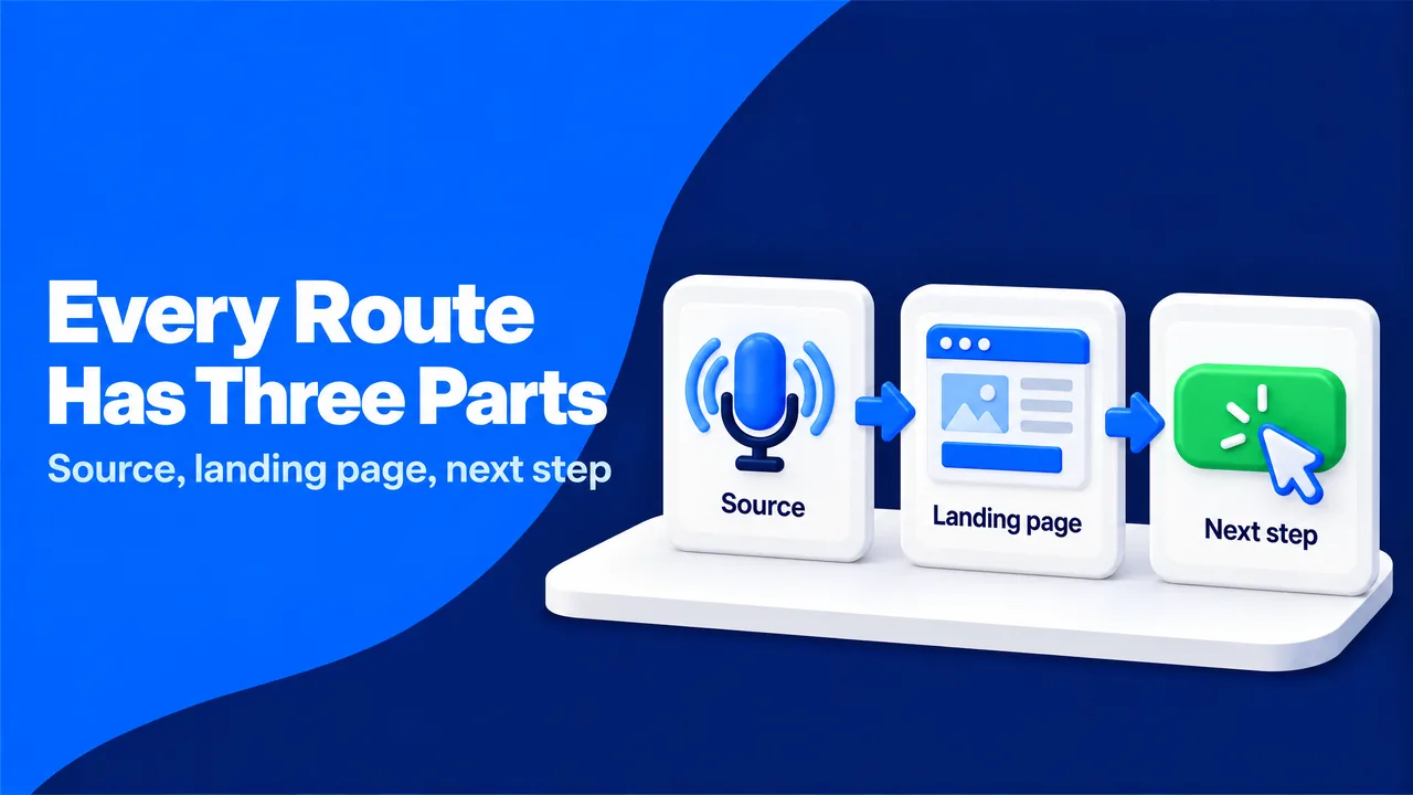 Diagram of a traffic route with three parts: source, landing page and next step