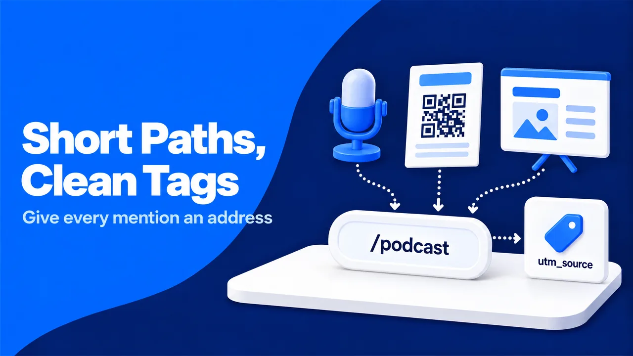 Podcast, flyer and slide mentions routed through a short vanity path with UTM tags