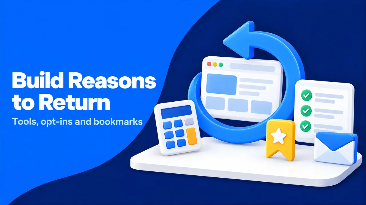 Return routes such as a calculator, checklist, bookmark and email that bring visitors back