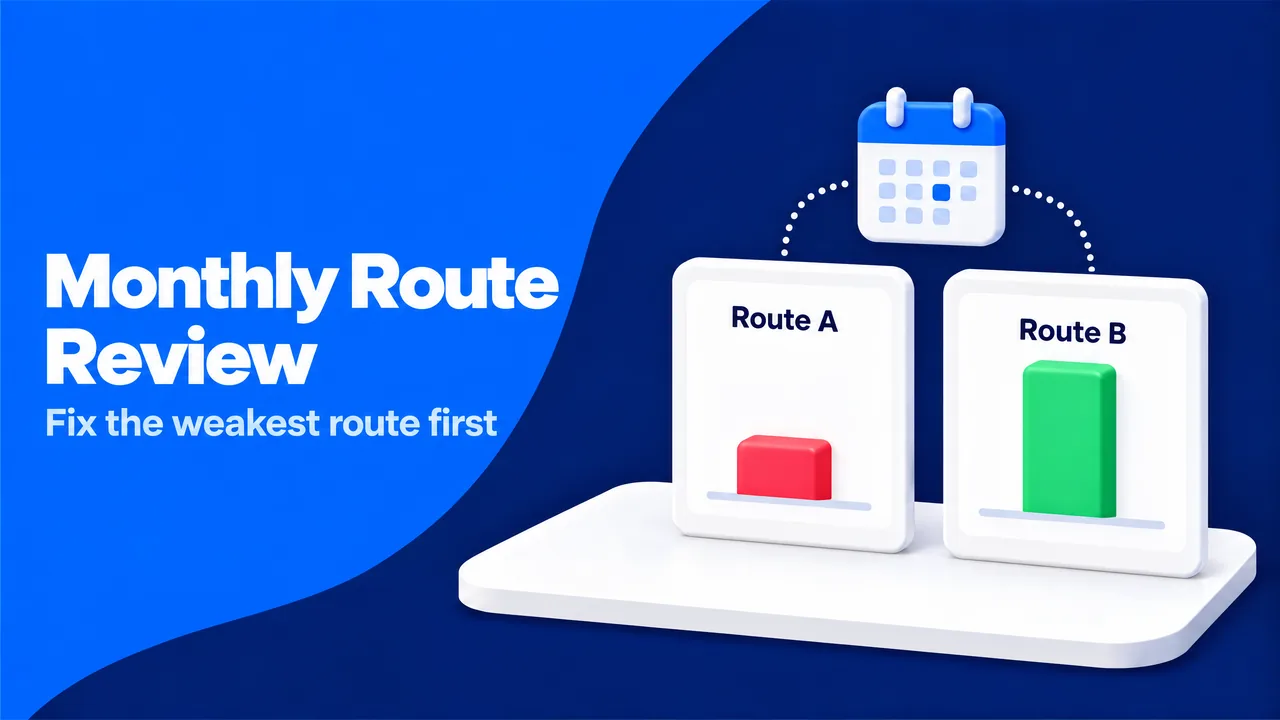 Monthly route review comparing a weak Route A with a strong Route B