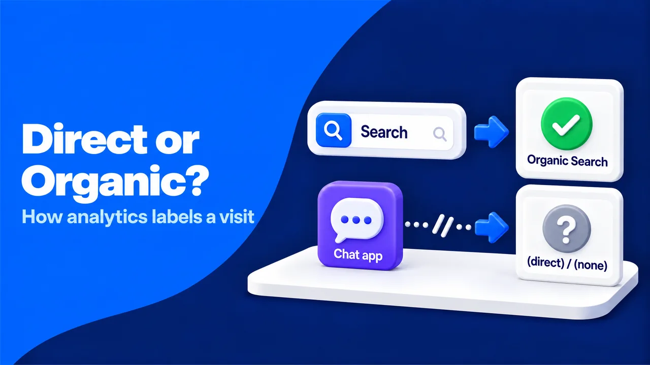 How GA4 labels a visit: a Google search click is filed as Organic Search, while a link opened from a chat app with no referrer is filed as (direct) / (none)