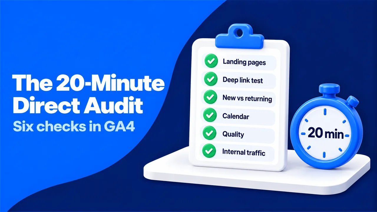 The 20-minute direct traffic audit in GA4: landing pages, deep link test, new vs returning, calendar, quality and internal traffic checks