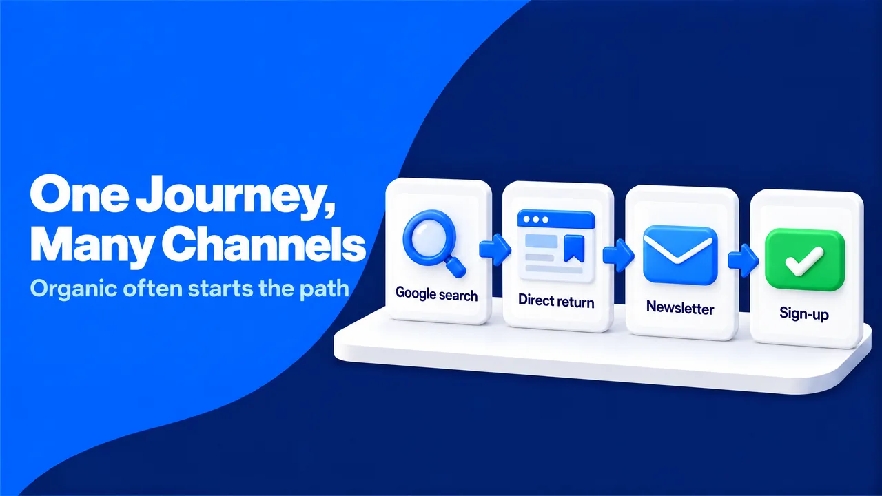 A customer journey across channels: a Google search visit, a direct return visit, a newsletter click and a sign-up