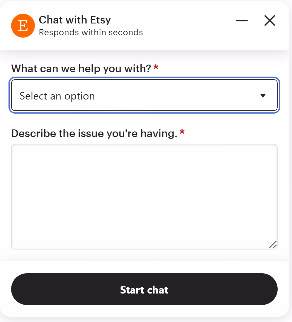 Etsy Support chat box