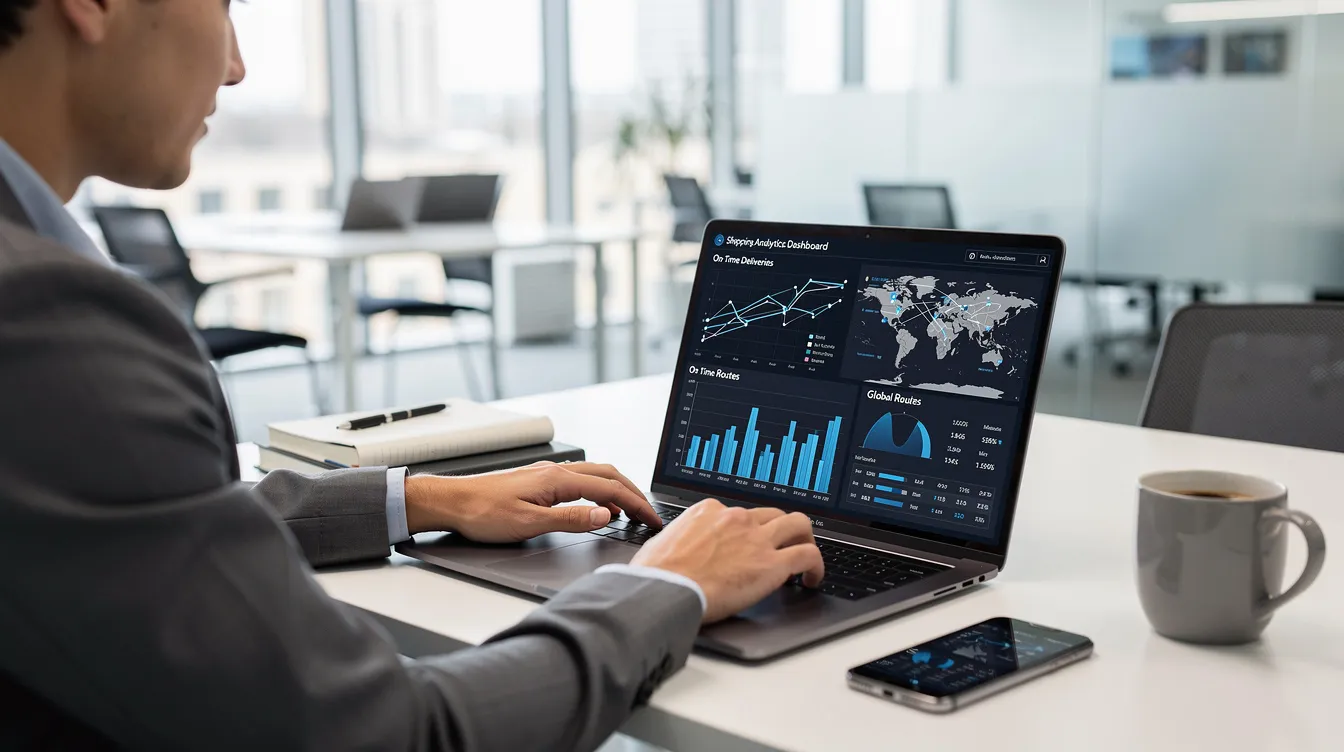 A person is seated at a modern office desk, intently reviewing shipping analytics on a laptop, which displays data relevant to subscription box fulfillment services. The setting suggests a focus on customer satisfaction and efficient inventory management for subscription box businesses.