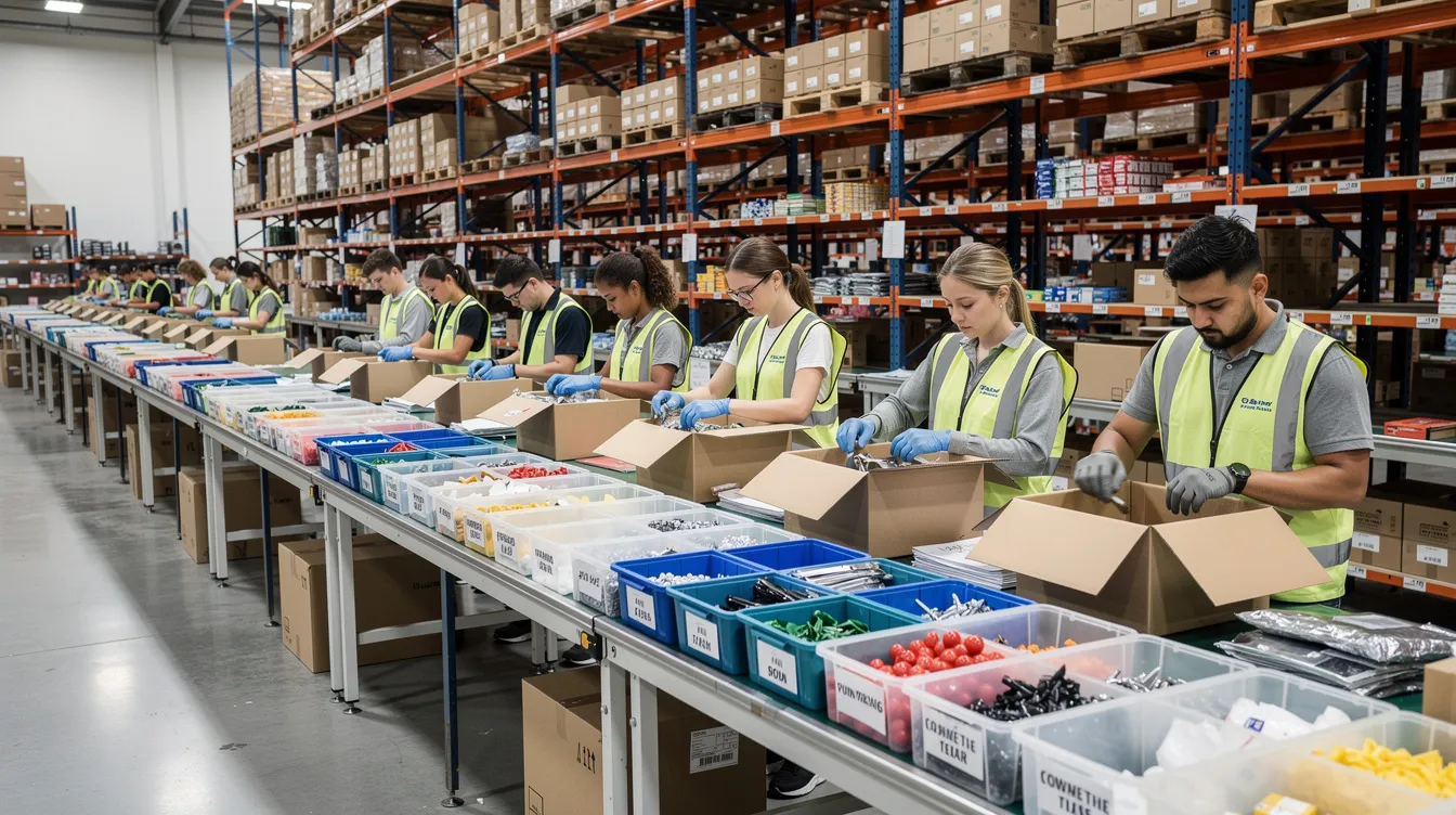 The image depicts warehouse workers diligently assembling product kits at a long packing table, surrounded by bins filled with various items. This scene illustrates the subscription box fulfillment process, emphasizing the importance of quality control and efficient inventory management in ensuring timely and accurate deliveries for subscription box customers.