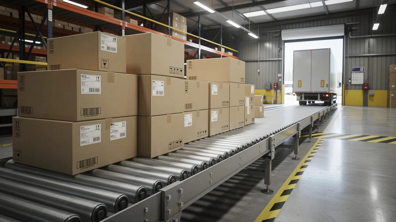 The image shows stacked shipping boxes on a warehouse conveyor belt, moving towards a loading dock, illustrating the shipping process in an ecommerce fulfillment center. This setup is crucial for managing shipping costs and meeting customer expectations by ensuring efficient delivery times and accurate shipping zones.