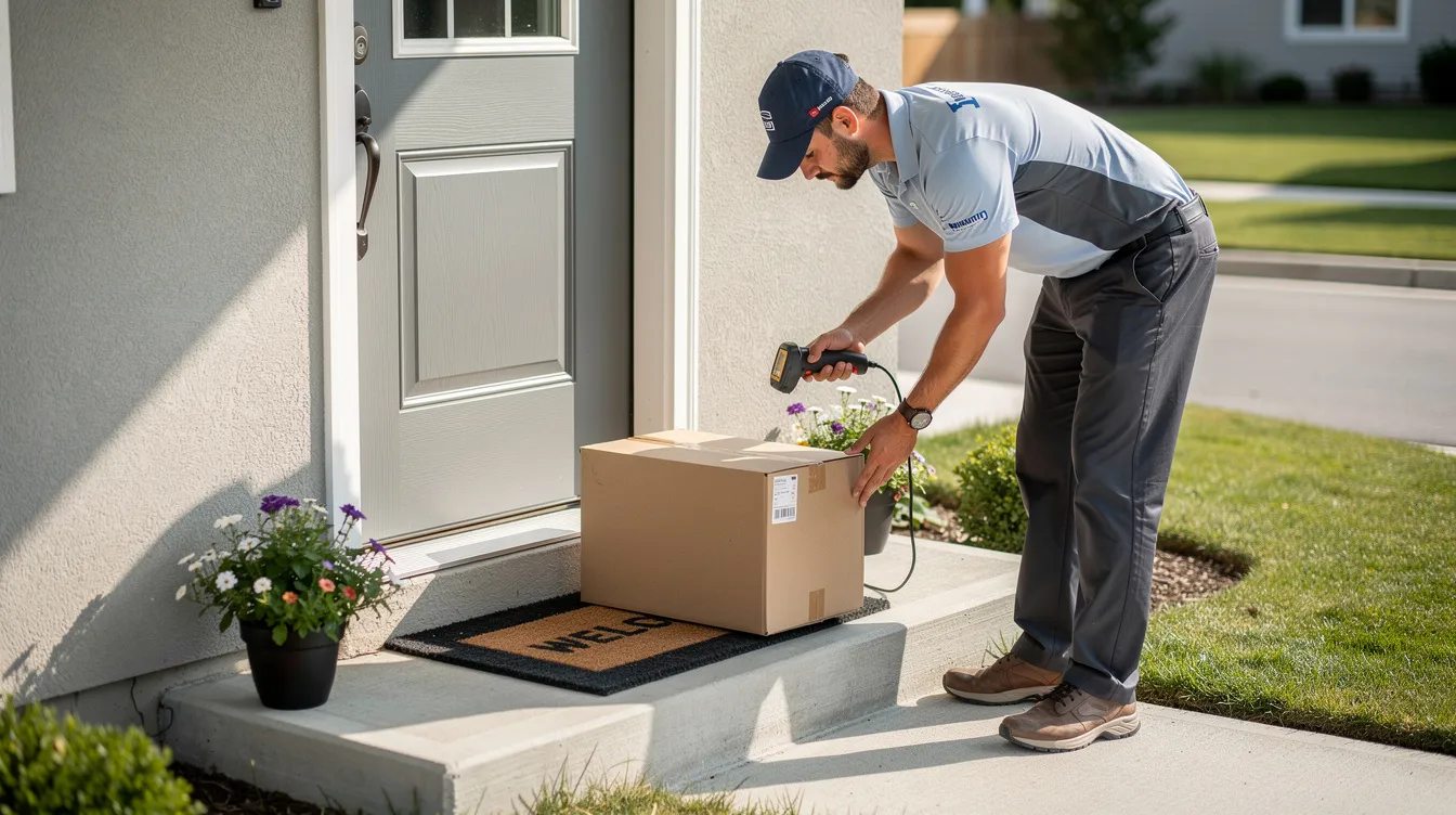 A delivery driver is placing a brown package at a residential front door, representing the final step in the shipping process for ecommerce businesses. This image highlights the importance of understanding shipping zones, as they affect costs and delivery times based on the origin and destination zip codes.