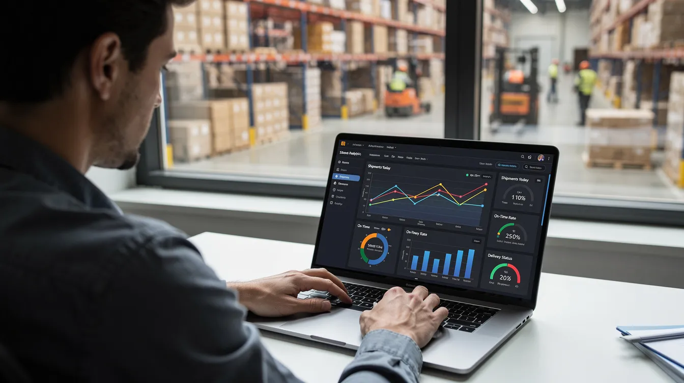 A person is seated at a desk, using a laptop that displays shipping analytics dashboards, while a warehouse is visible through a window behind them, illustrating the connection between supply chain management and the order fulfillment process. This scene highlights the importance of efficient logistics operations and inventory management in achieving successful order fulfillment and customer satisfaction.
