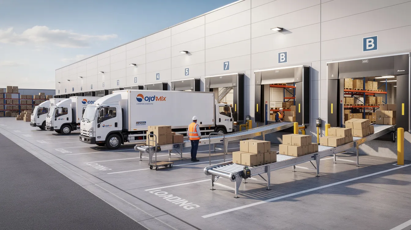 The image depicts delivery trucks lined up at a warehouse loading dock, where packages are being efficiently loaded onto conveyor systems as part of the order fulfillment process. This scene highlights the logistics operations involved in supply chain management and the importance of timely and successful order fulfillment to meet customer expectations.