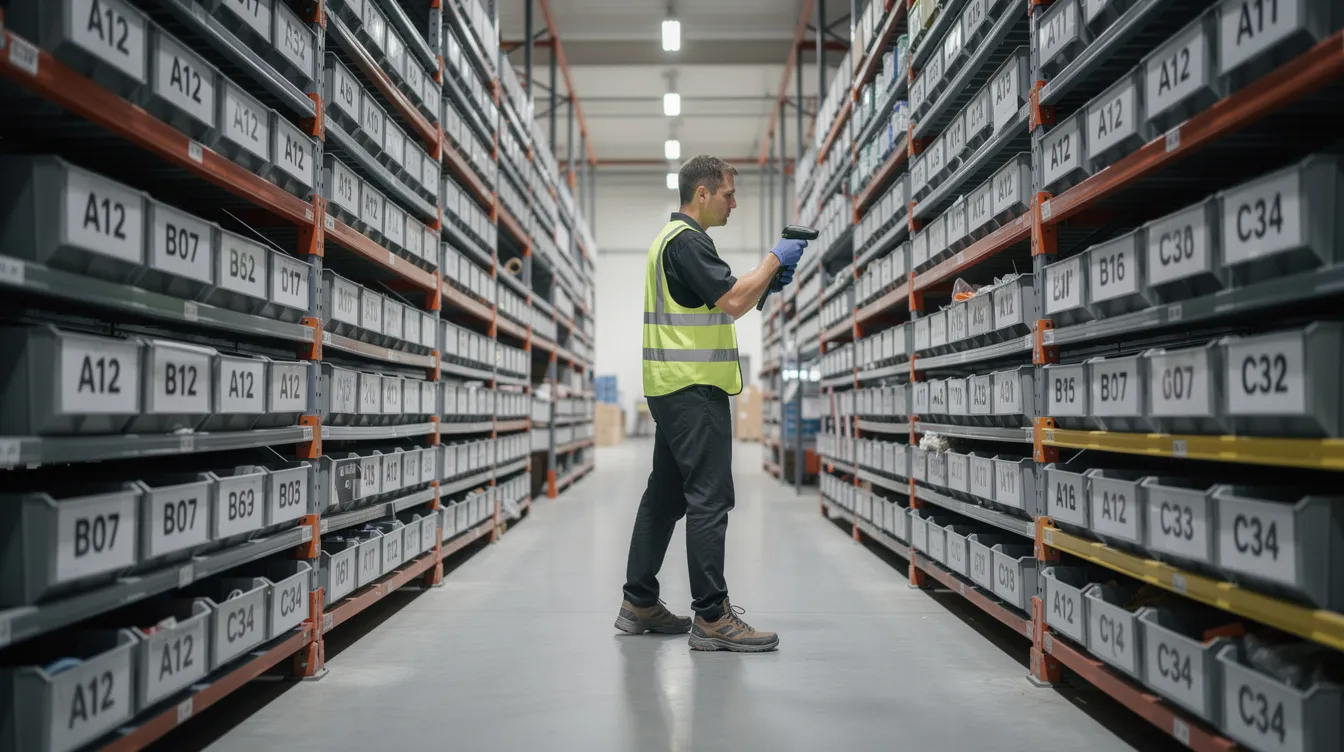 The image depicts a well-organized warehouse shelving system with labeled bins, where a worker is using a handheld scanner to efficiently manage inventory between the aisles, illustrating key aspects of the order fulfillment process in a fulfillment center. This setup highlights the importance of effective inventory management and logistics operations in meeting customer expectations and ensuring successful order fulfillment.