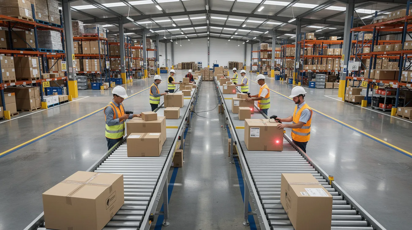 The image depicts the interior of a large modern warehouse, where workers are actively scanning packages on conveyor belts amidst organized shelving in the background. This scene highlights the order fulfillment process within a fulfillment center, showcasing efficient logistics operations that support customer satisfaction and effective inventory management.