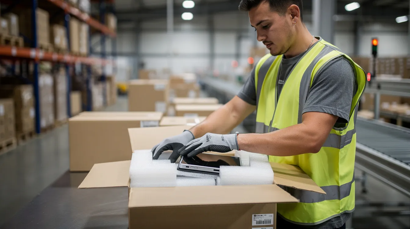 An employee at a fulfillment center is seen carefully packing an electronic device with protective foam inserts to ensure safe delivery, reflecting the importance of customer satisfaction and reducing return rates in the e-commerce industry. This meticulous packing process contributes to meeting customer expectations and enhancing brand reputation.