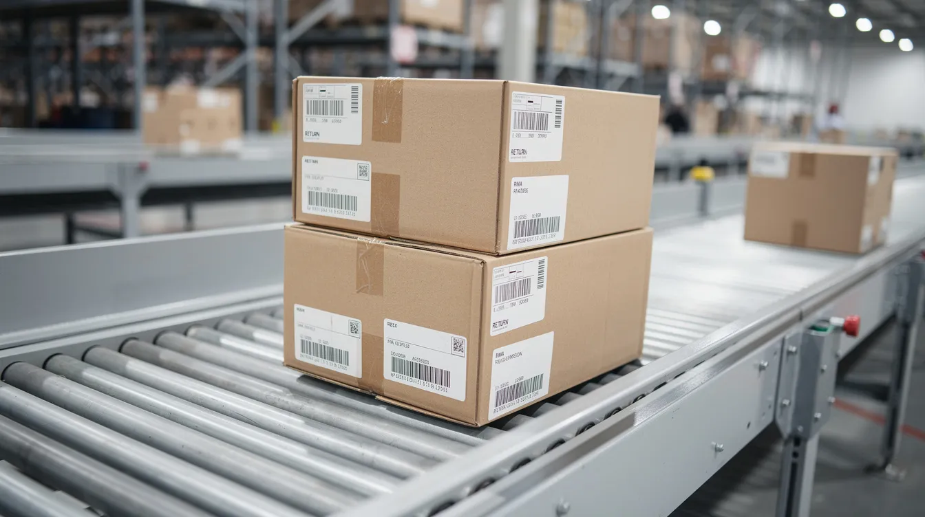 The image shows a conveyor belt in a warehouse, lined with stacked cardboard return boxes, highlighting the return process in e-commerce. This visual represents the challenges of managing customer returns, which can impact customer satisfaction and processing costs in the retail industry.