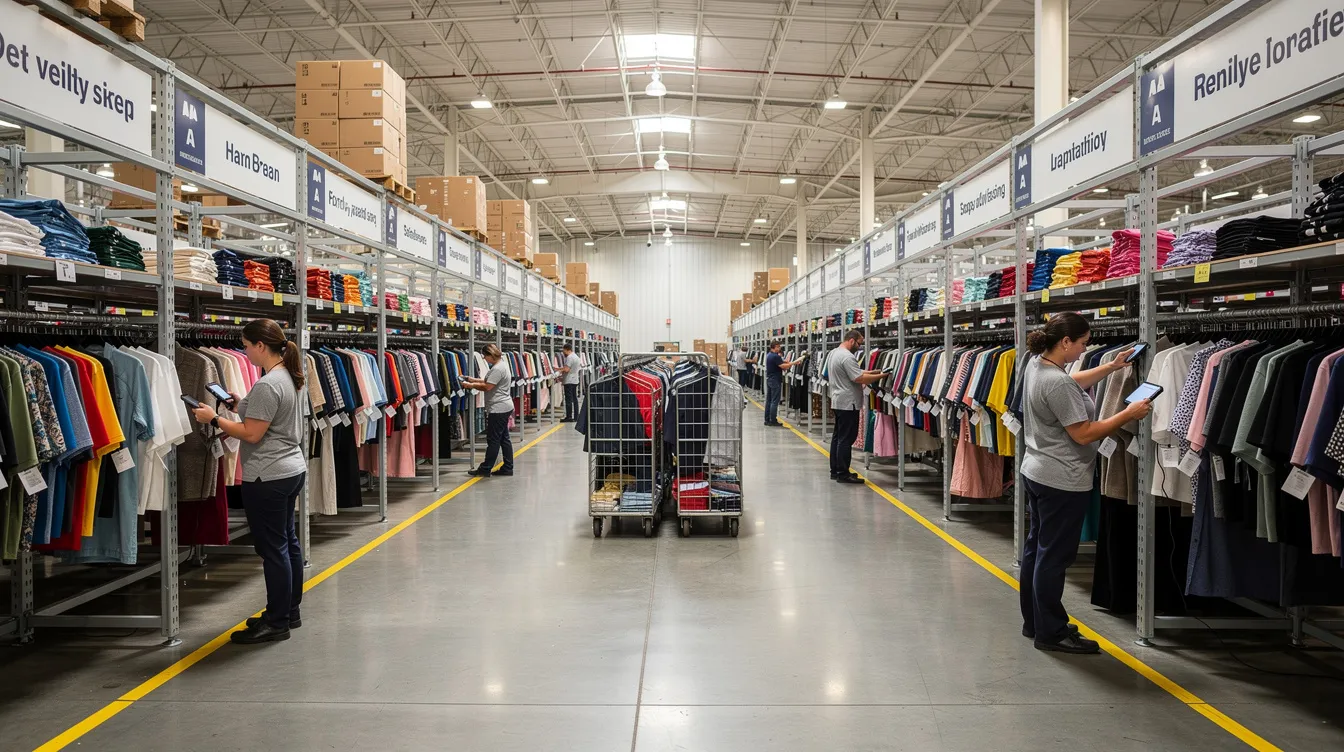 The image depicts a busy clothing warehouse filled with organized racks of garments, where workers are actively picking orders. This scene highlights the importance of efficient reverse logistics in managing online returns, which can significantly impact customer satisfaction and overall return rates in the retail industry.