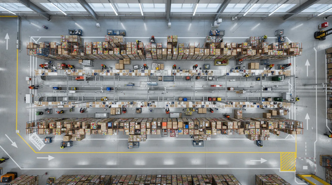 An aerial view of a modern warehouse fulfillment center showcases organized shelving and efficient picking stations, highlighting the operational efficiency essential for managing online sales and processing customer returns. This setup is crucial for improving customer satisfaction and addressing the challenges of e-commerce return rates in the retail industry.