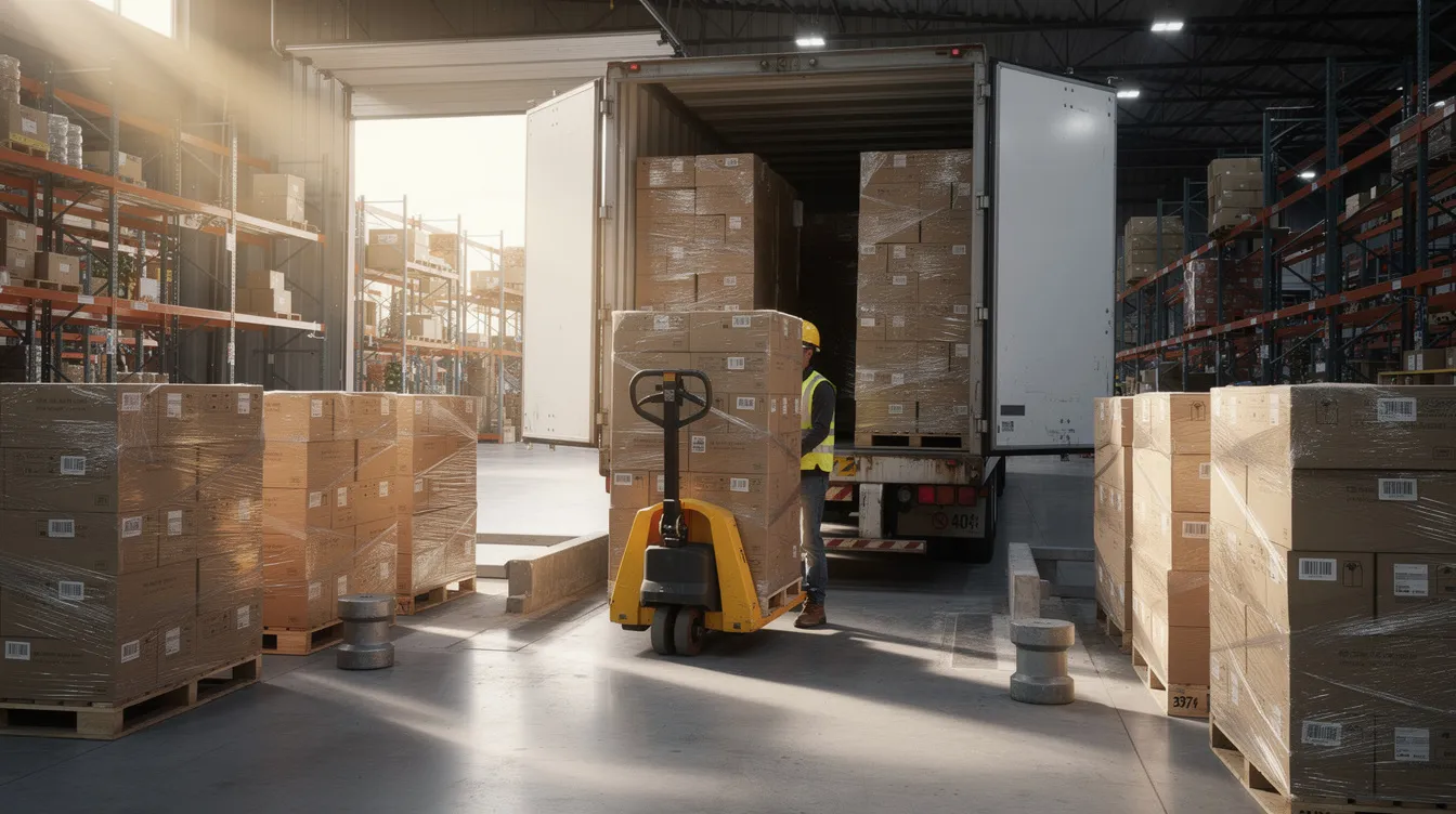 The image shows large pallets of boxed products being loaded into a truck trailer at a warehouse dock, highlighting the logistics industry and the freight shipping process. This scene emphasizes the importance of efficient transportation methods for large shipments and the coordination required in freight and parcel shipping.