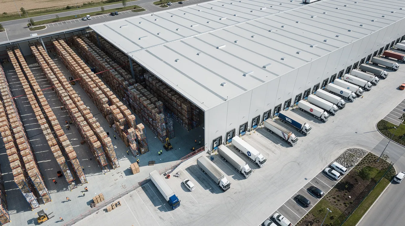 An aerial view shows a large distribution center bustling with activity, featuring several trucks parked at loading docks and neatly organized rows of inventory inside. This scene highlights the logistics industry, showcasing the importance of efficient freight shipping and parcel delivery in managing supply chains and transportation costs.