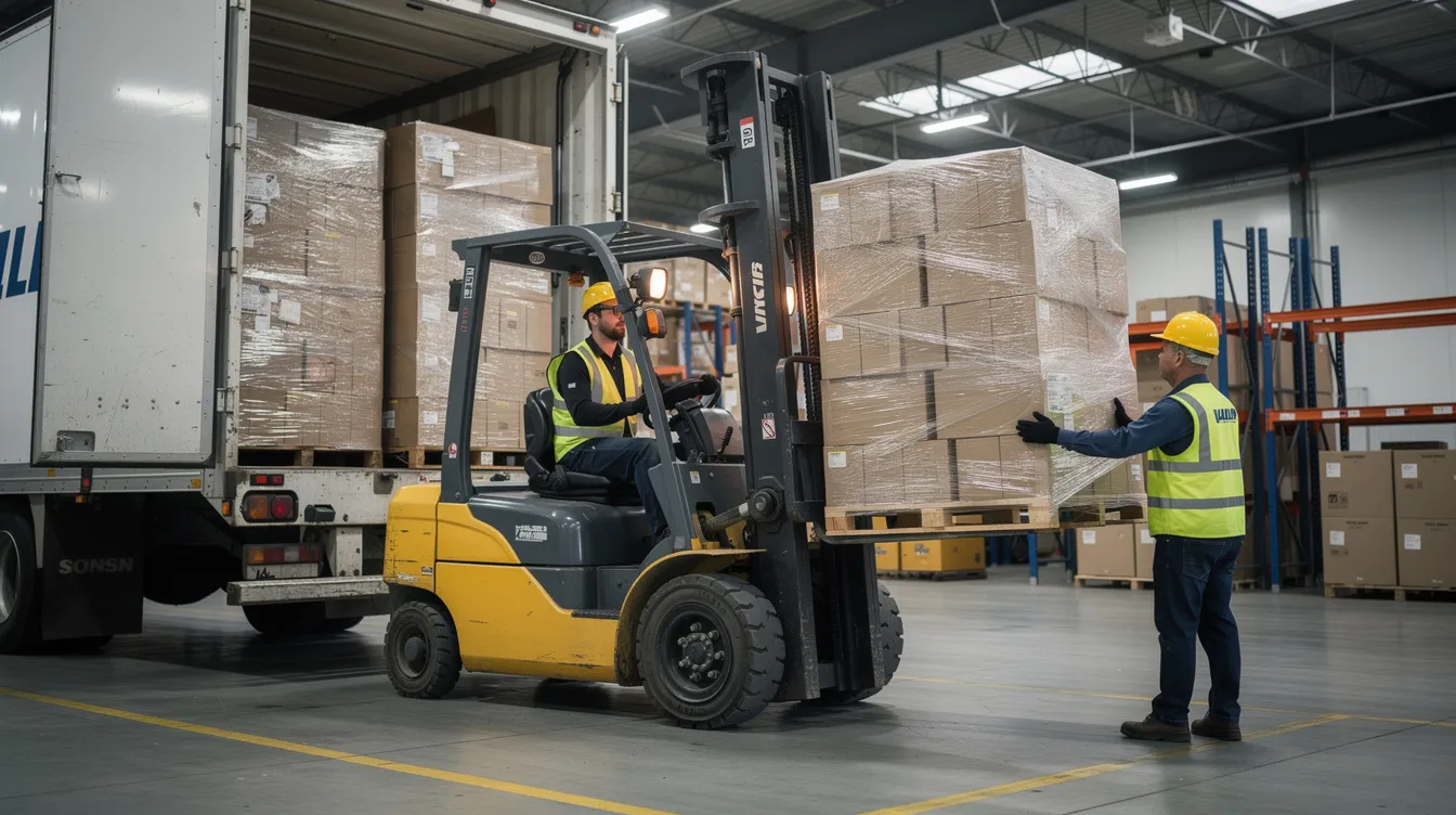 A warehouse worker operates a forklift to unload shrink-wrapped pallets from a delivery truck, showcasing the logistics industry in action. This scene highlights the importance of freight shipping in efficiently handling large shipments and optimizing the supply chain.