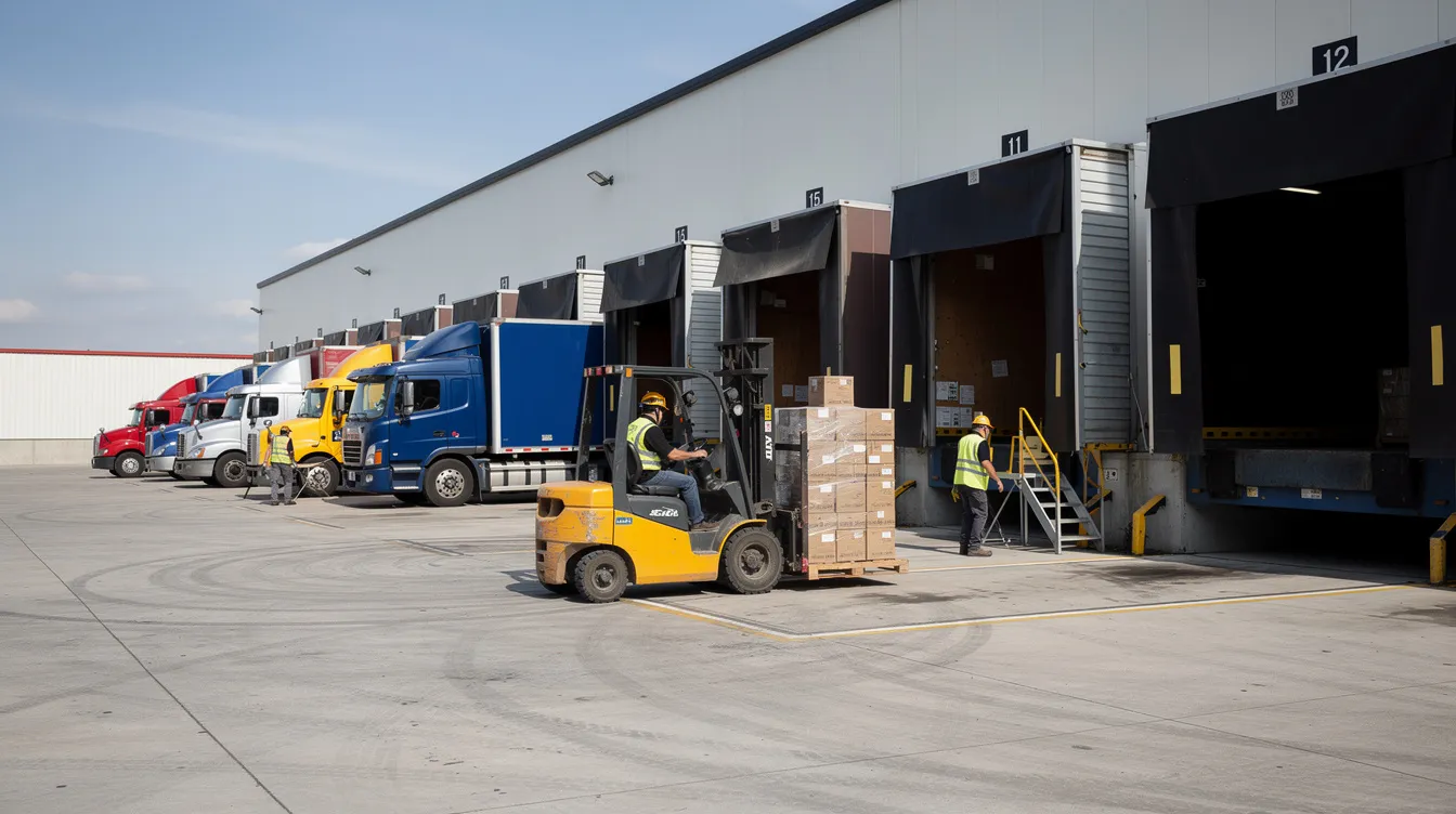 The image depicts a busy warehouse loading dock with several trucks positioned at dock doors, while a forklift transports pallets, illustrating efficient inbound logistics and the warehouse receiving process. This scene highlights the importance of operational efficiency and effective inventory management in fulfillment operations.