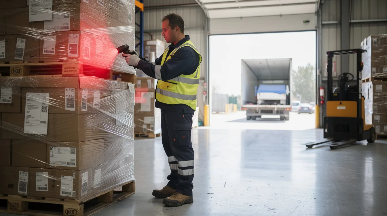 A warehouse worker is scanning barcodes on pallets with a handheld scanner near a dock door, part of the inventory receiving process that enhances operational efficiency and accuracy in warehouse management systems. This activity is crucial for managing incoming shipments and ensuring customer satisfaction by minimizing shipping delays and improving inventory control.