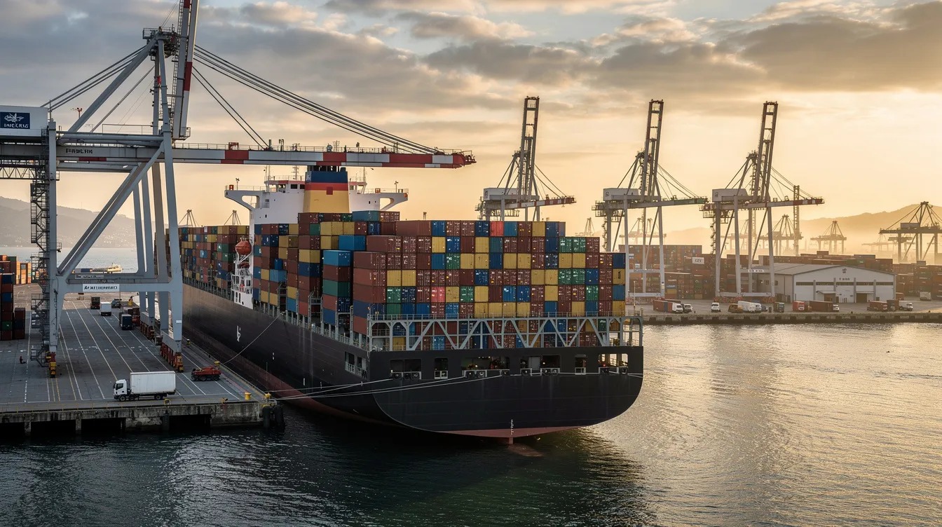 A large cargo ship is docked at a busy port, filled with colorful shipping containers stacked high, representing the inbound shipments crucial for effective inventory management. The scene highlights the importance of warehouse operations and the receiving process in maintaining operational efficiency and customer satisfaction.