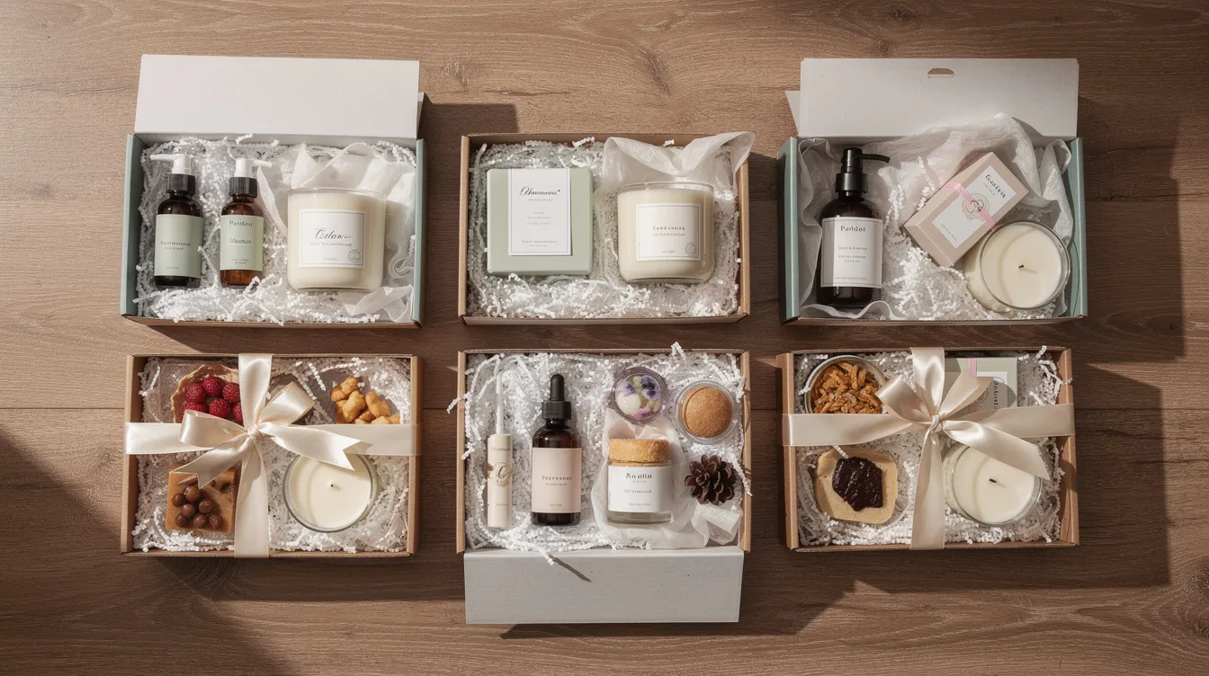 The image depicts elegantly arranged gift set boxes filled with assorted consumer products, all neatly placed on a wooden surface, complemented by tissue paper and ribbon. This visually showcases a kitting process that enhances customer satisfaction by combining multiple items into custom packaging for an efficient order fulfillment experience.