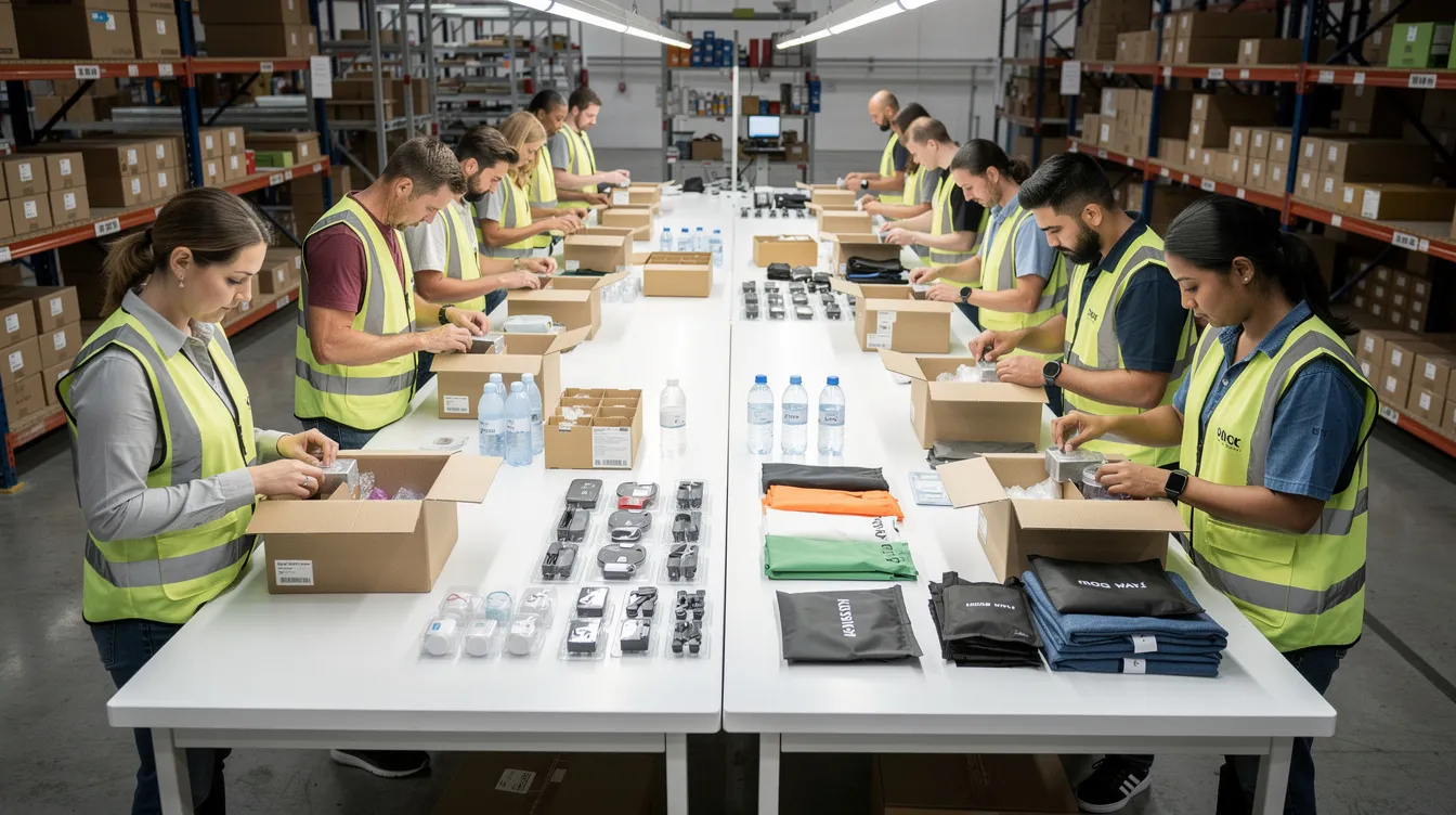 The image shows warehouse workers at a clean packing station engaged in the kitting process, assembling product kits that contain multiple consumer goods spread across the table. This efficient fulfillment operation highlights the importance of inventory management techniques and the benefits of kitting in enhancing customer satisfaction and reducing shipping costs.